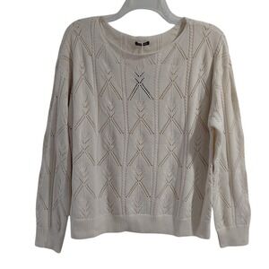Flamingals Cream Cable Knit Diamond Pattern Long Sleeve Sweater Top Womens L